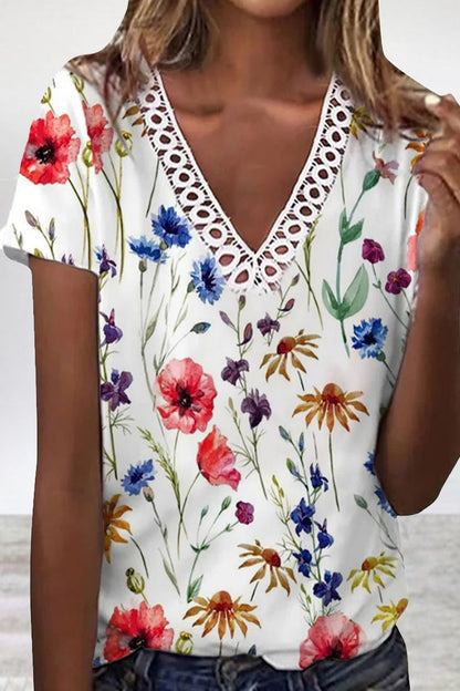 Work Patchwork V Neck T-shirts