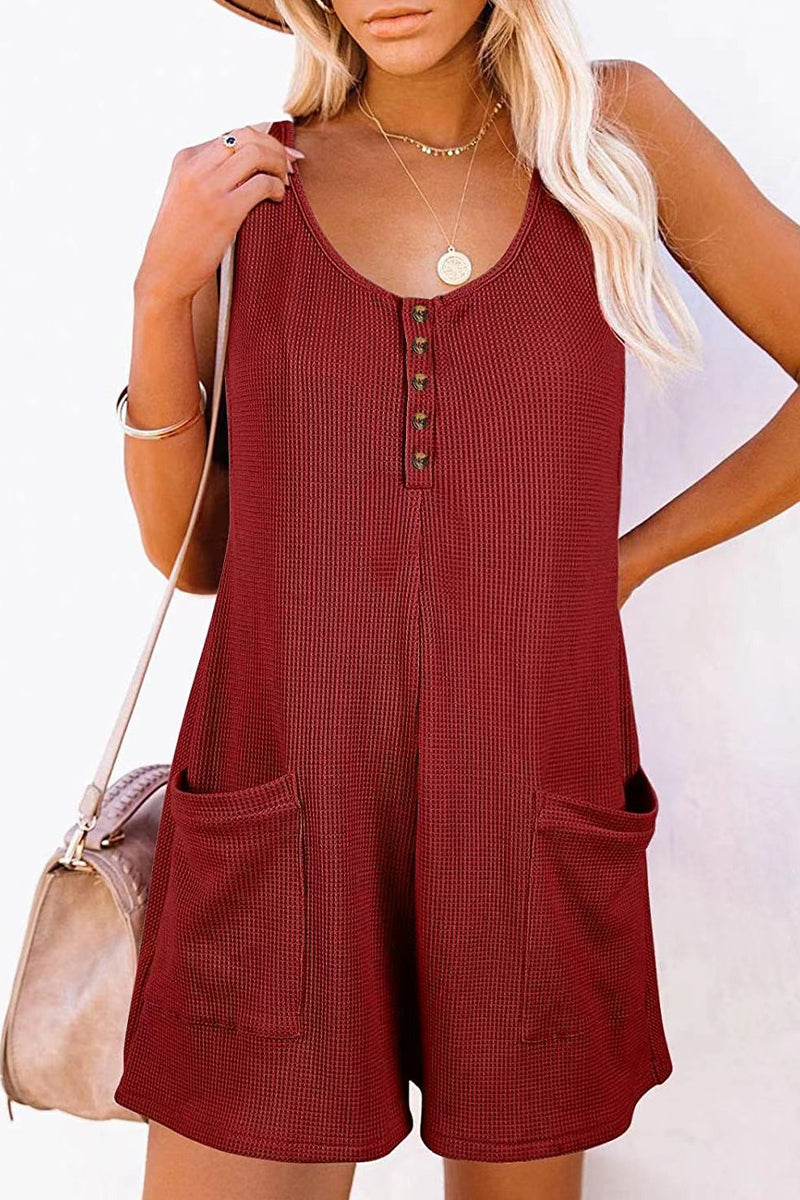 Street Pocket Buttons V Neck Loose Jumpsuits(6 Colors)