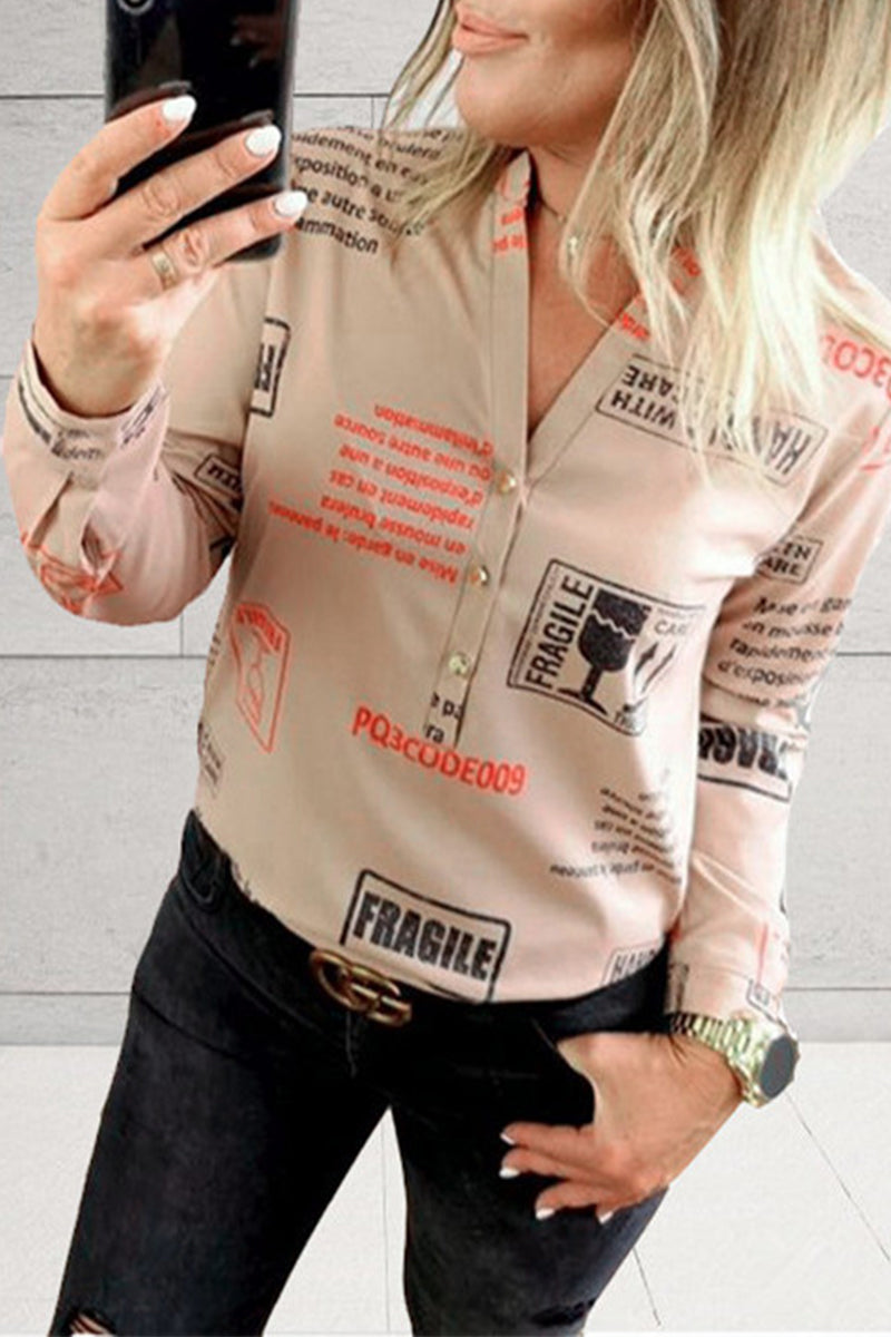Street Letter Print Patchwork V Neck Blouses (3 Colors)