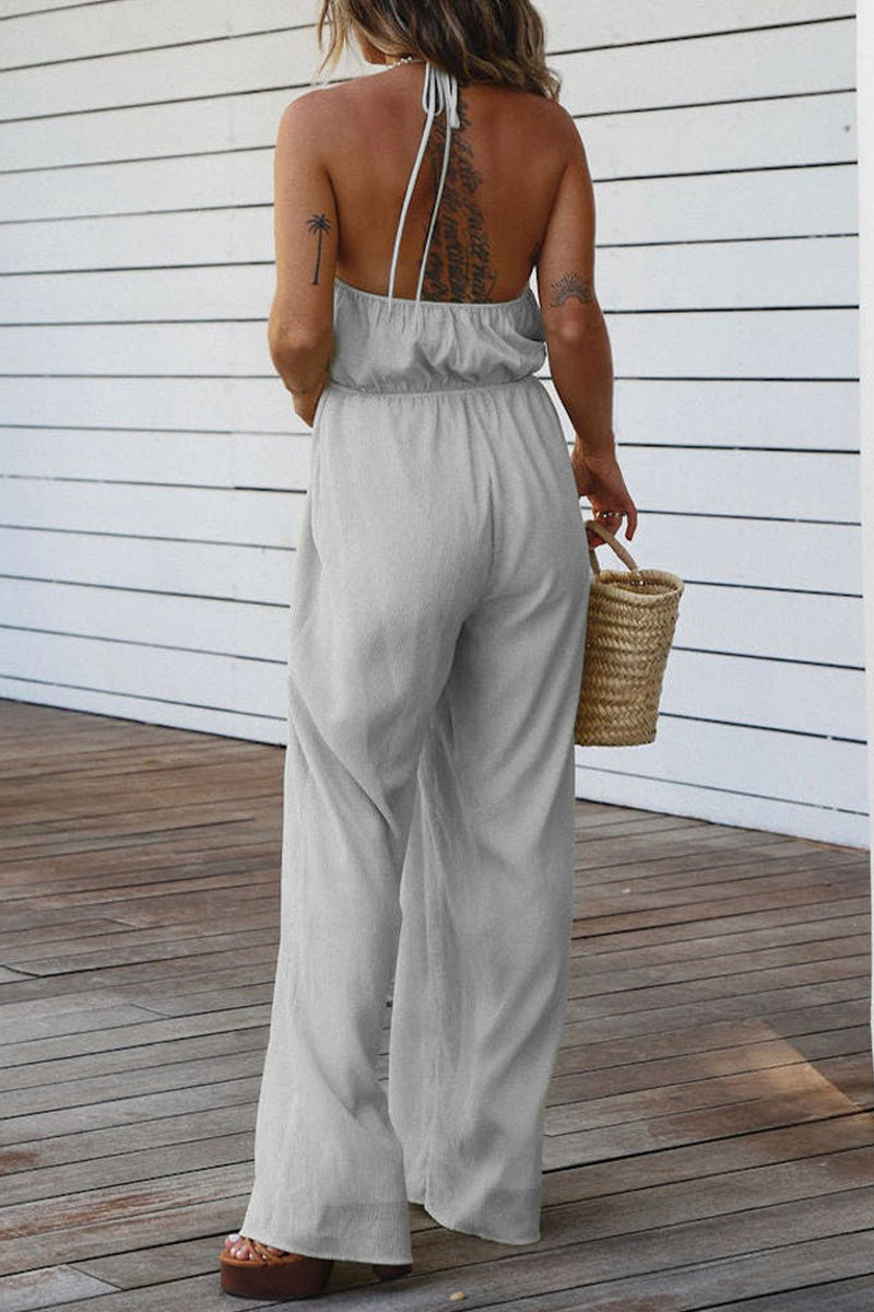 Backless V Neck Regular Jumpsuits(3 Colors)