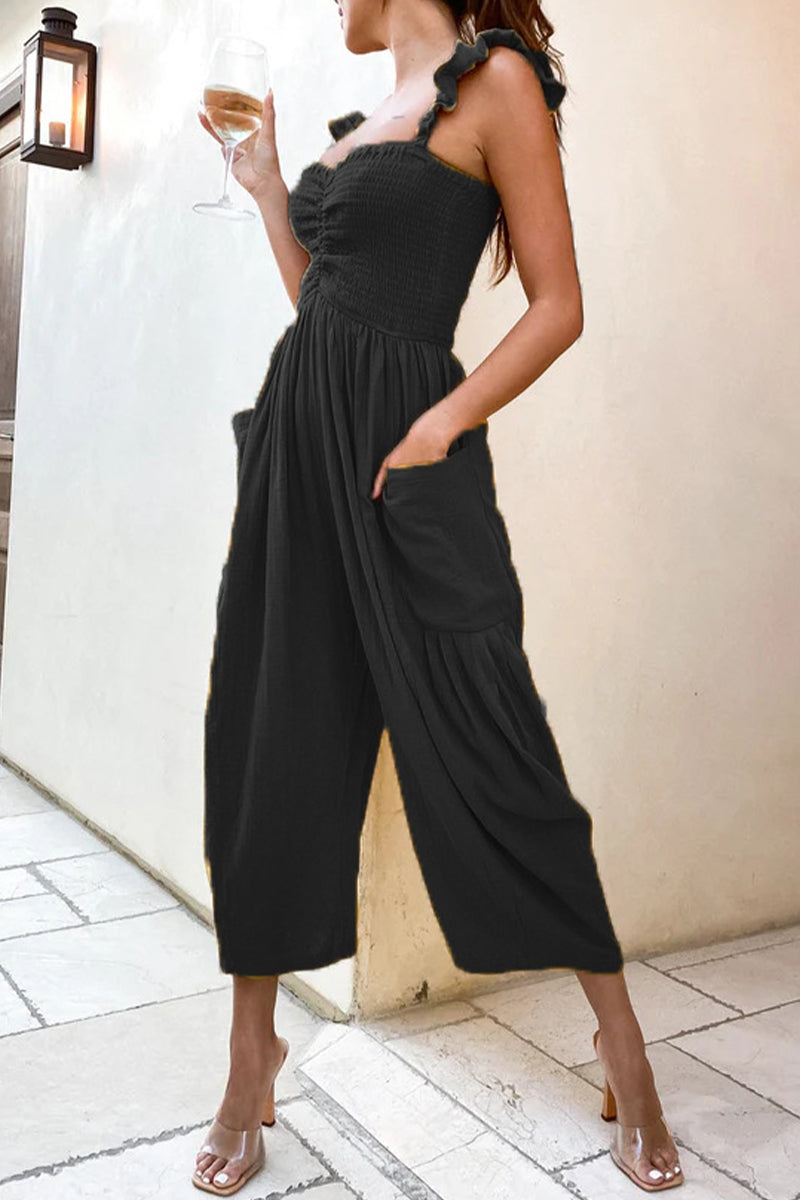 Street Patchwork Pocket Spaghetti Strap Straight Jumpsuits(4 Colors)