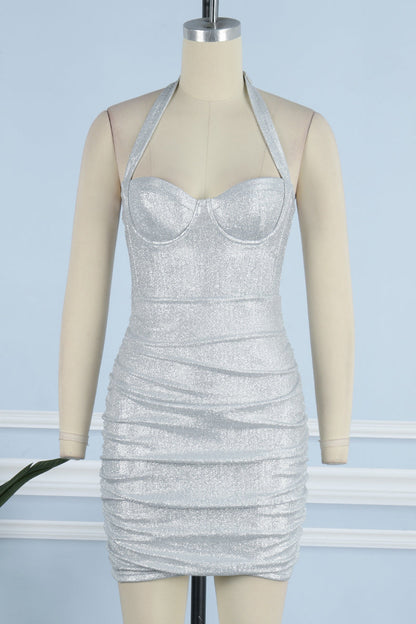 Fold Sequined Asymmetrical Halter Wrapped Skirt Dresses