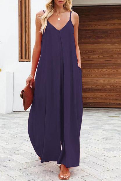 Color V Neck Loose Jumpsuits(6 Colors)