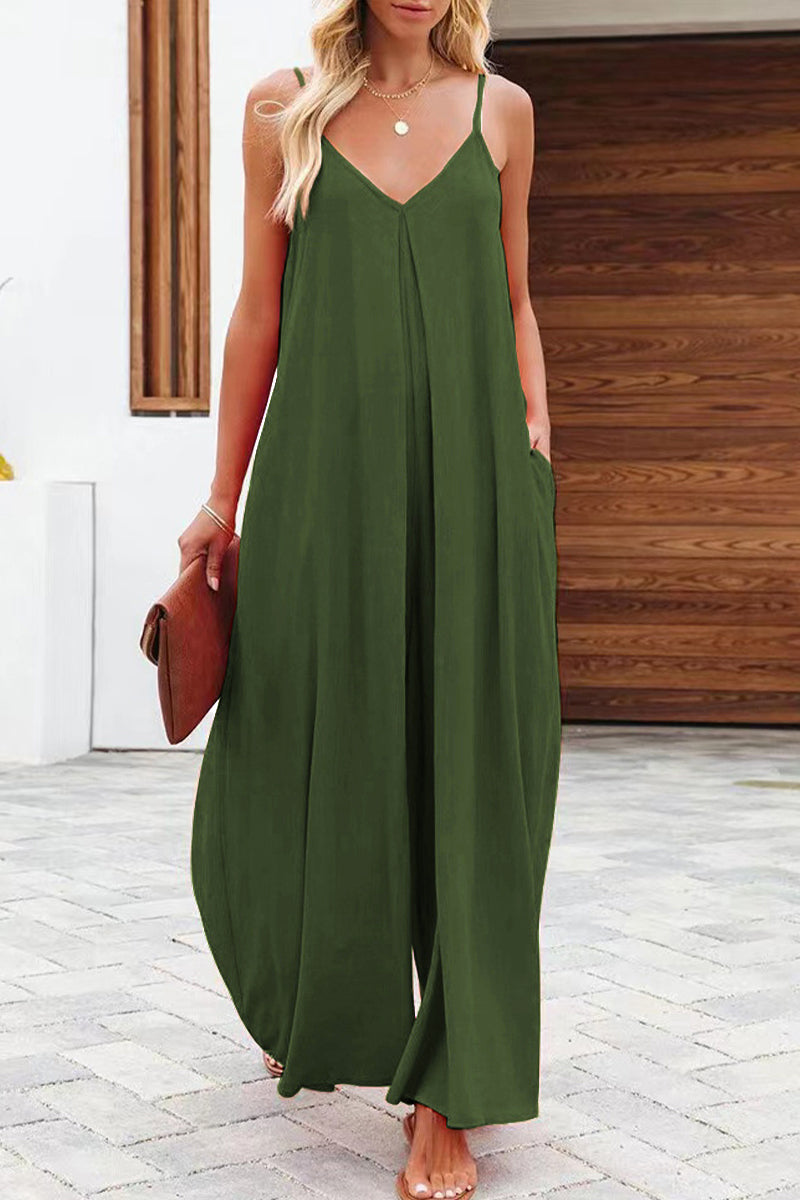 Color V Neck Loose Jumpsuits(6 Colors)