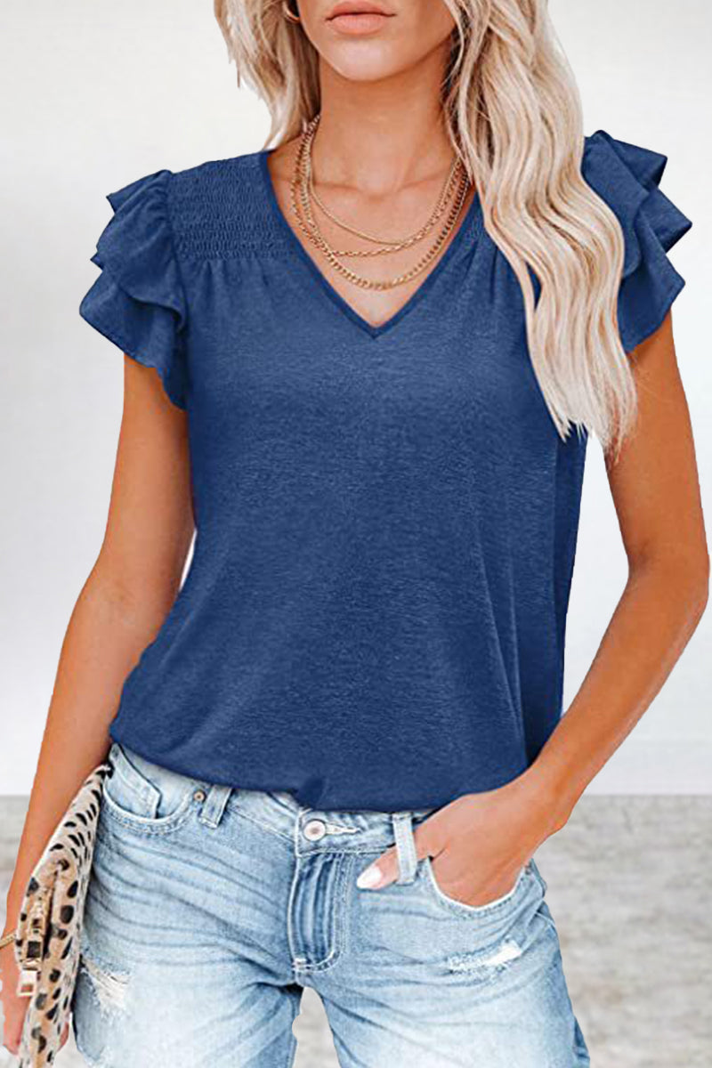 Simplicity Flounce V Neck T-shirts(5 Colors)