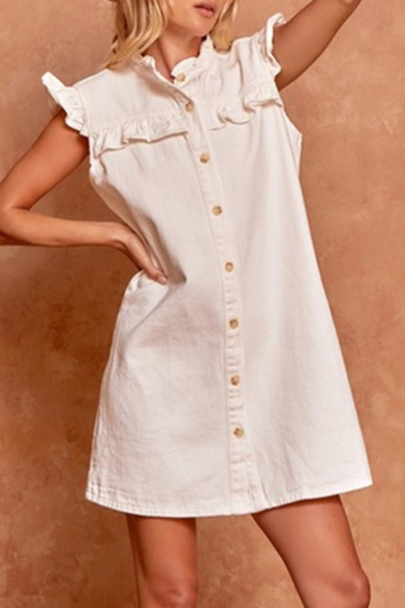 Daily Make Old Buckle Lotus Leaf Collar Short Sleeve Straight Denim Dresses