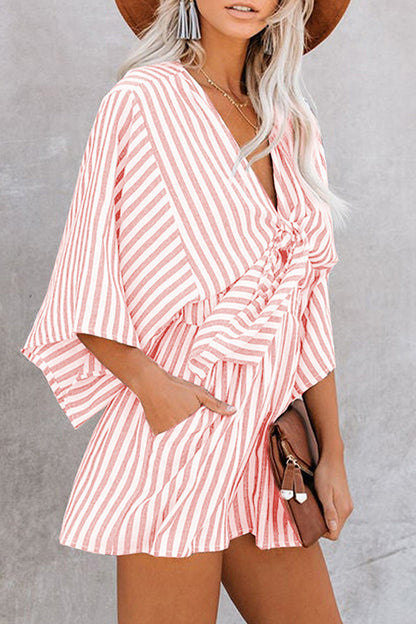 Simplicity Geometric Patchwork Frenulum V Neck Loose Jumpsuits(4 Colors)