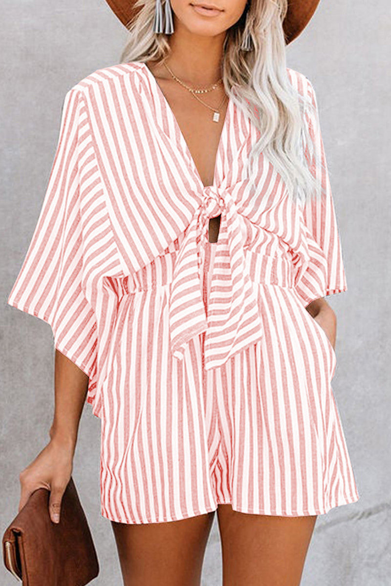 Simplicity Geometric Patchwork Frenulum V Neck Loose Jumpsuits(4 Colors)