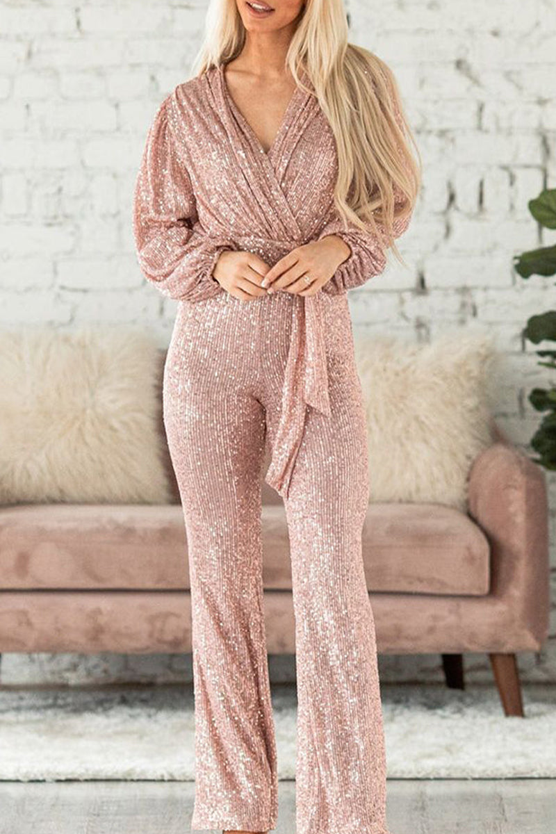 Sequins V Neck Regular Jumpsuits