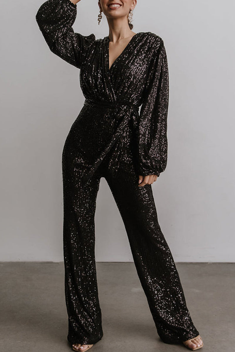 Sequins V Neck Regular Jumpsuits