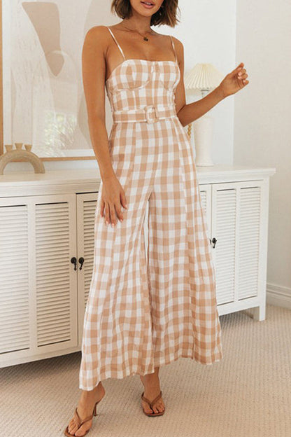 Plaid Patchwork Square Collar Loose Jumpsuits