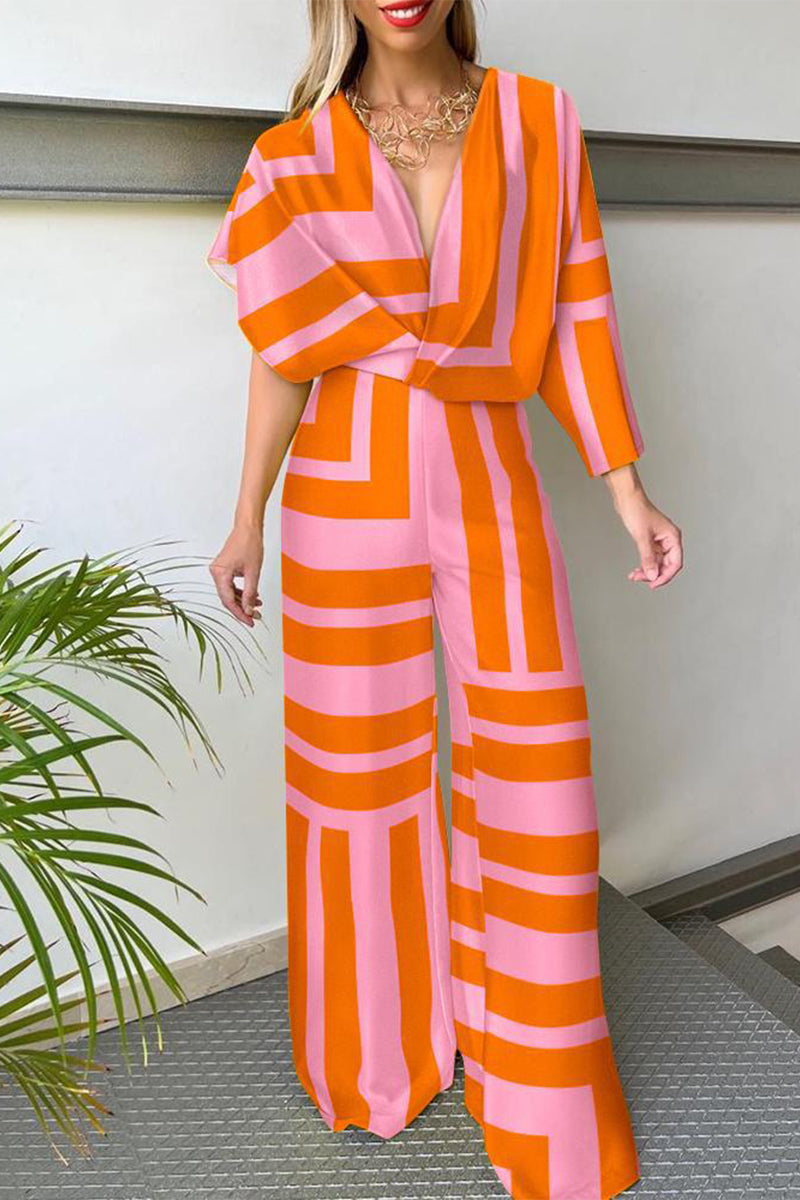 Sportswear Print Patchwork Asymmetrical V Neck Straight Jumpsuits