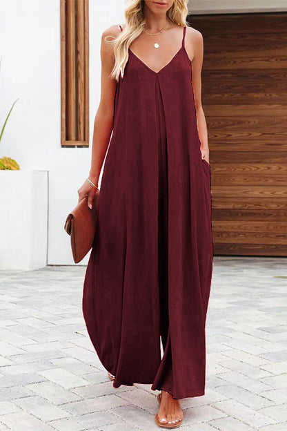 Color V Neck Loose Jumpsuits(6 Colors)