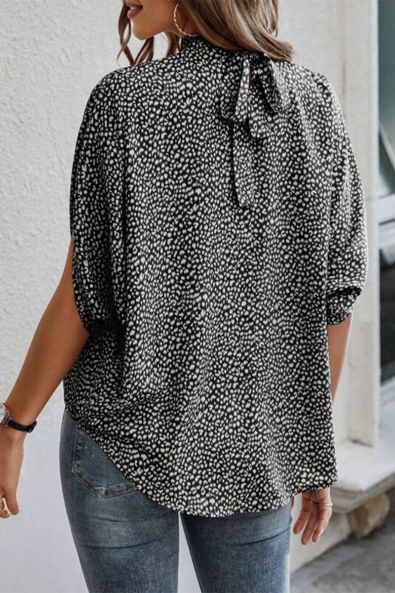 Work Print Patchwork O Neck Blouses(10 Colors)