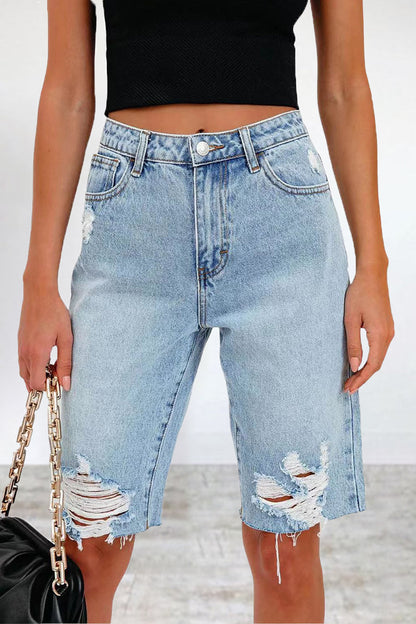 Street Ripped Patchwork Regular Denim Shorts
