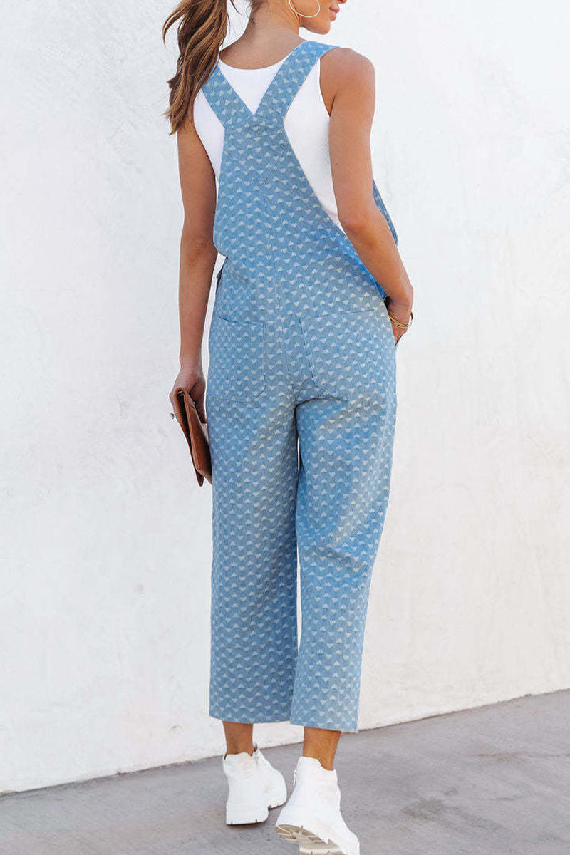 Street Print Pocket Square Collar Sleeveless Loose Denim Jumpsuits