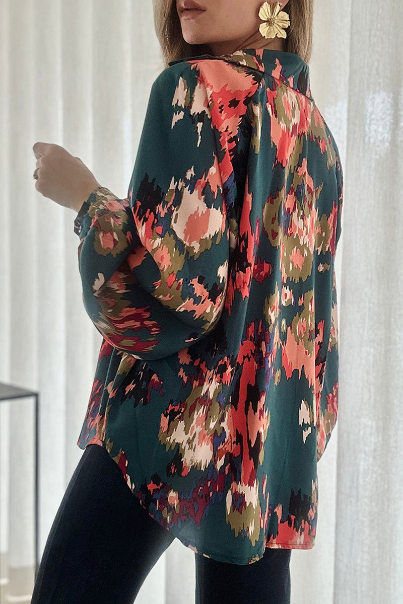 Work Print Patchwork V Neck Blouses(4 Colors)