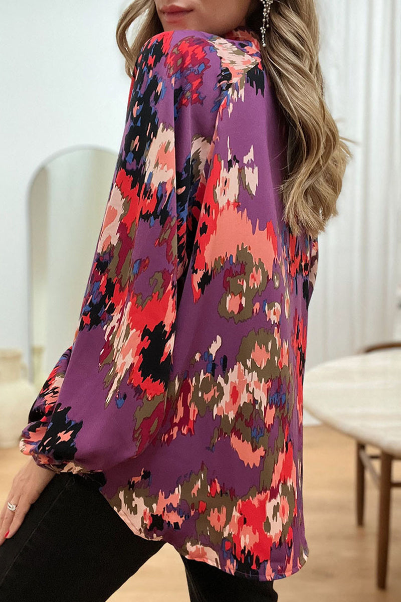 Work Print Patchwork V Neck Blouses(4 Colors)