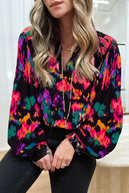 Work Print Patchwork V Neck Blouses(4 Colors)