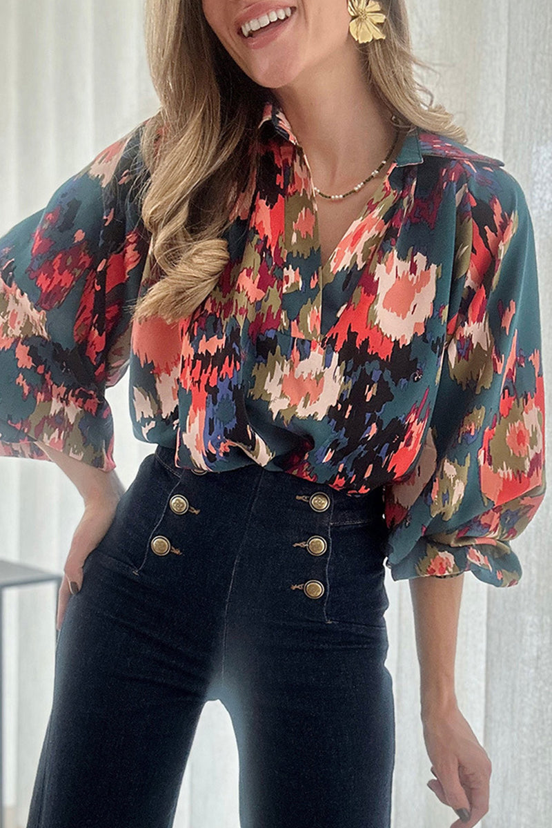 Work Print Patchwork V Neck Blouses(4 Colors)