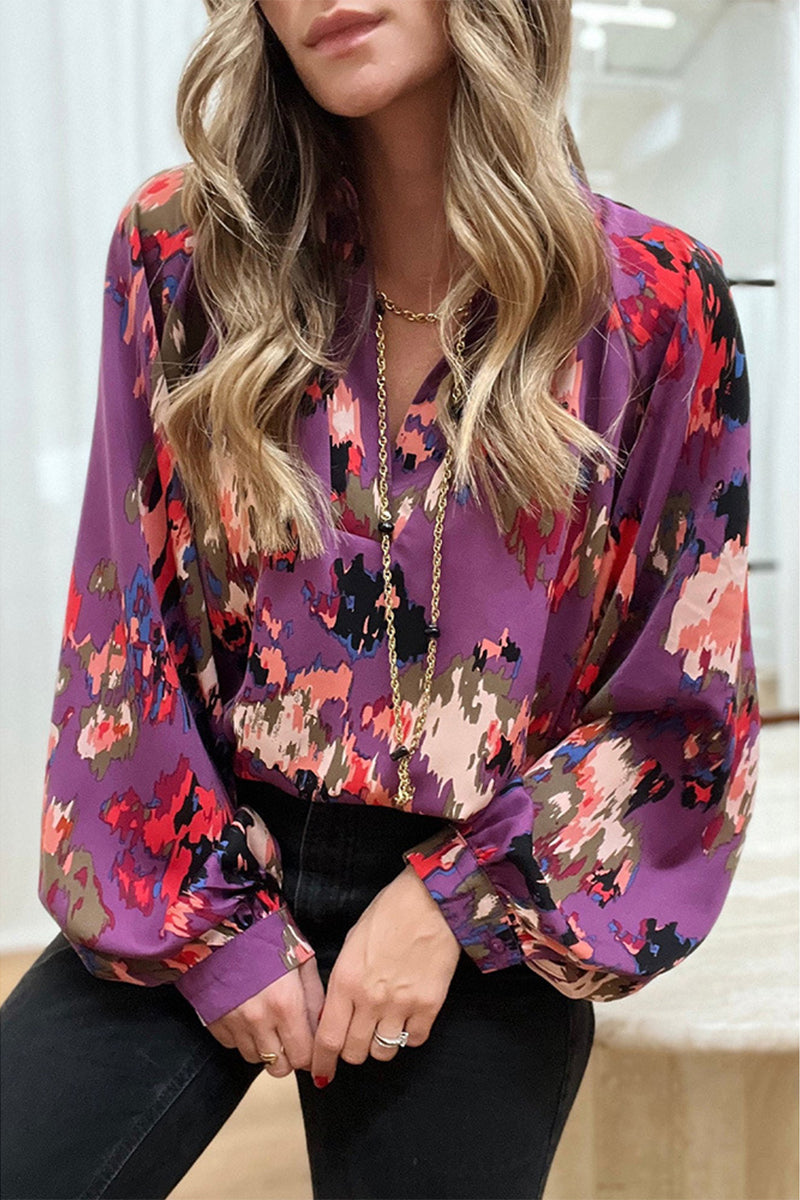 Work Print Patchwork V Neck Blouses(4 Colors)