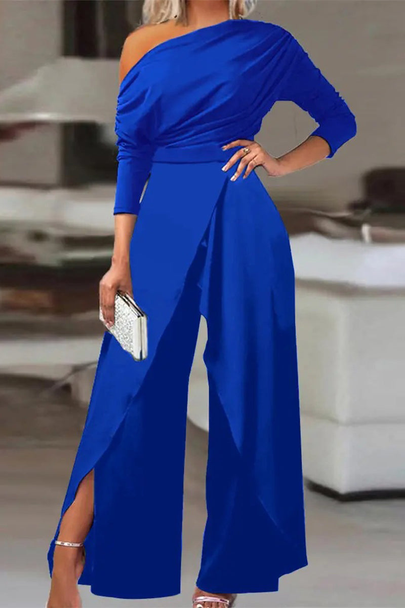 British Style Backless Asymmetrical Oblique Collar Regular Jumpsuits