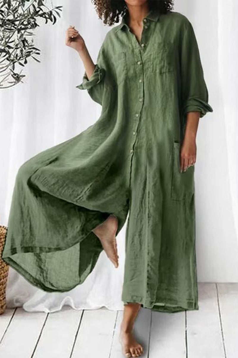 Vacation Pocket Buttons Turndown Collar Loose Jumpsuits
