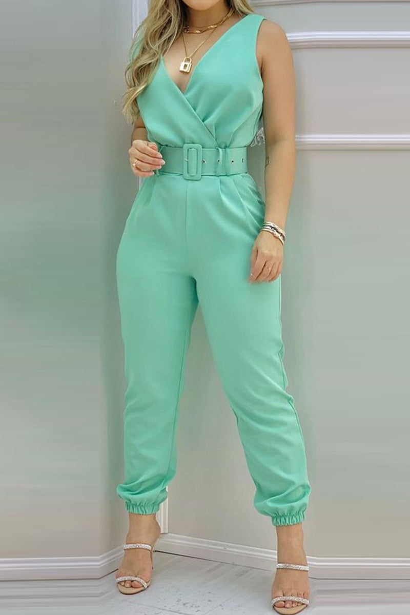 Backless With Belt V Neck Regular Jumpsuits(6 Colors)