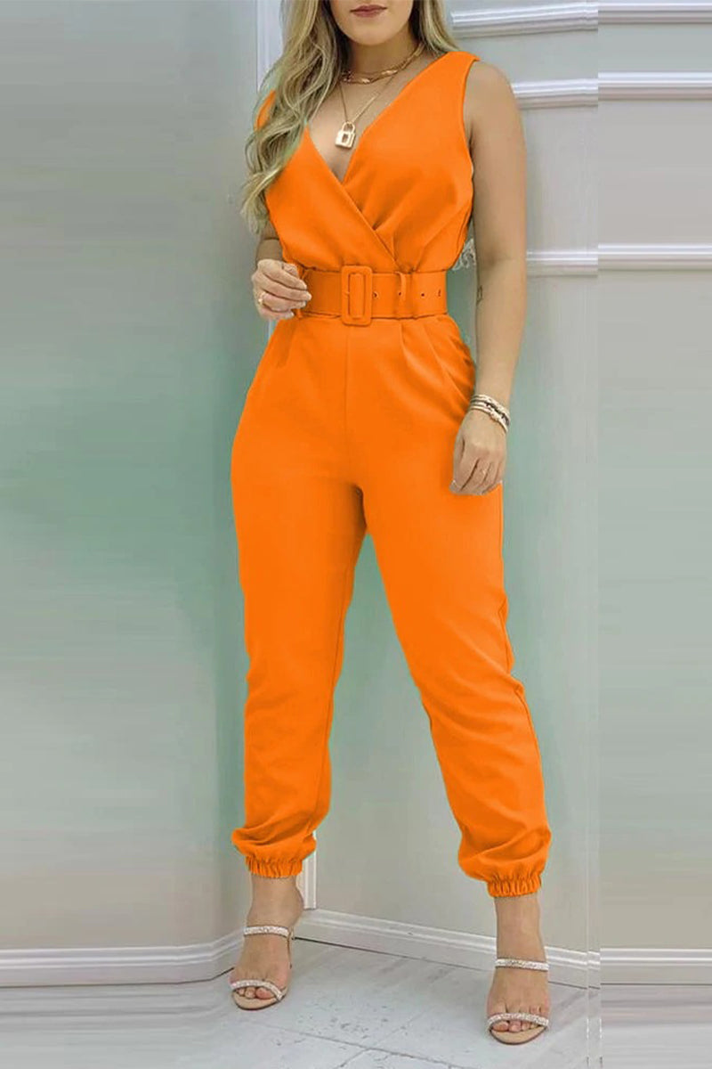 Backless With Belt V Neck Regular Jumpsuits(6 Colors)