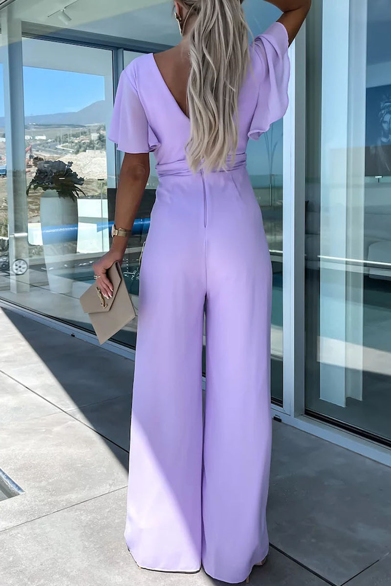 Color V Neck Regular Jumpsuits