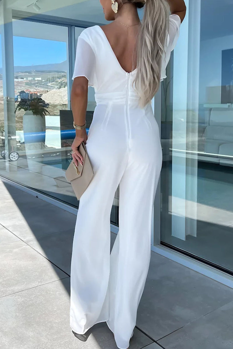 Color V Neck Regular Jumpsuits