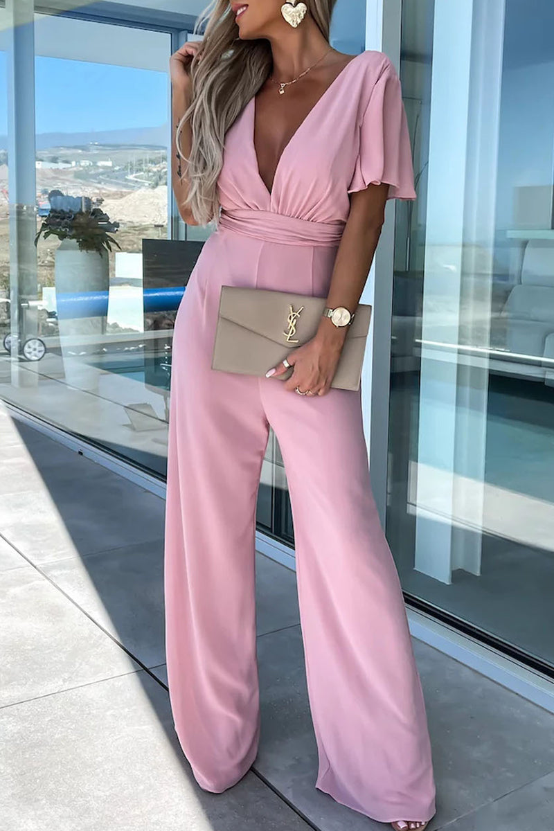 Color V Neck Regular Jumpsuits