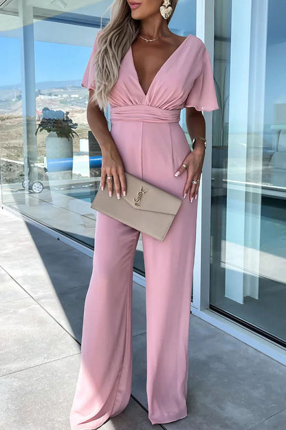 Color V Neck Regular Jumpsuits