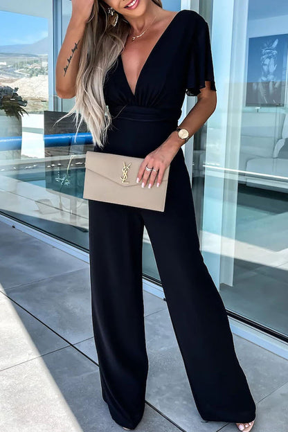 Color V Neck Regular Jumpsuits