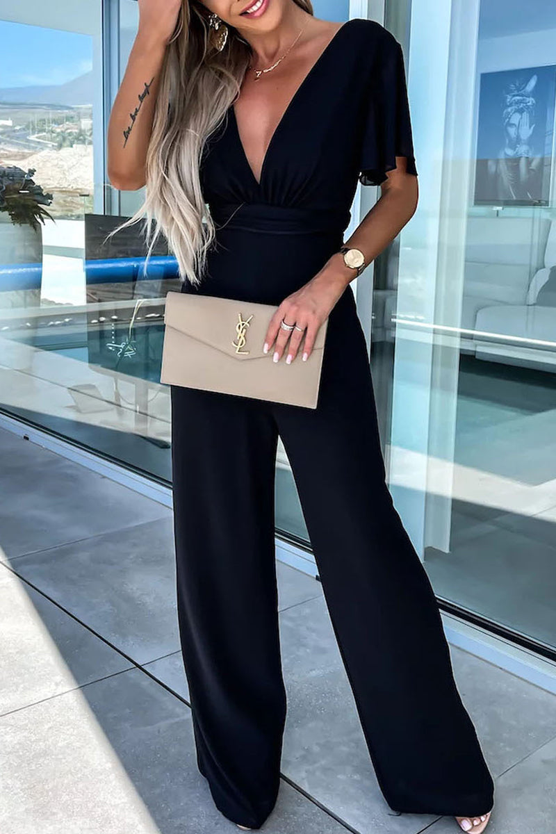 Color V Neck Regular Jumpsuits