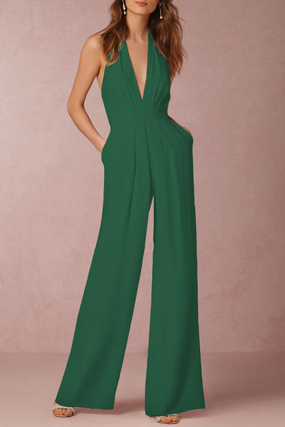 Backless Fold V Neck Regular Jumpsuits(12 Colors)