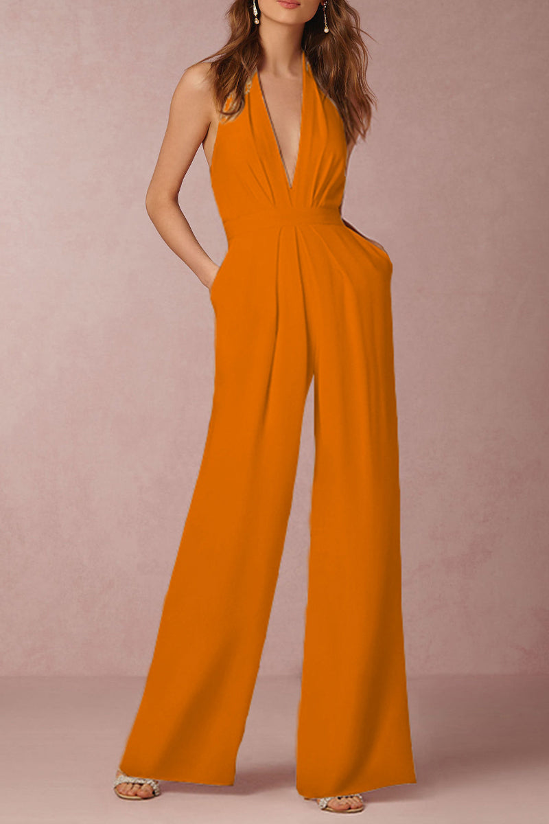 Backless Fold V Neck Regular Jumpsuits(12 Colors)