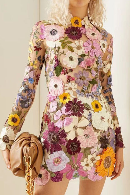 Sweet Patchwork Appliques Half a Turtleneck One Step Skirt Dresses