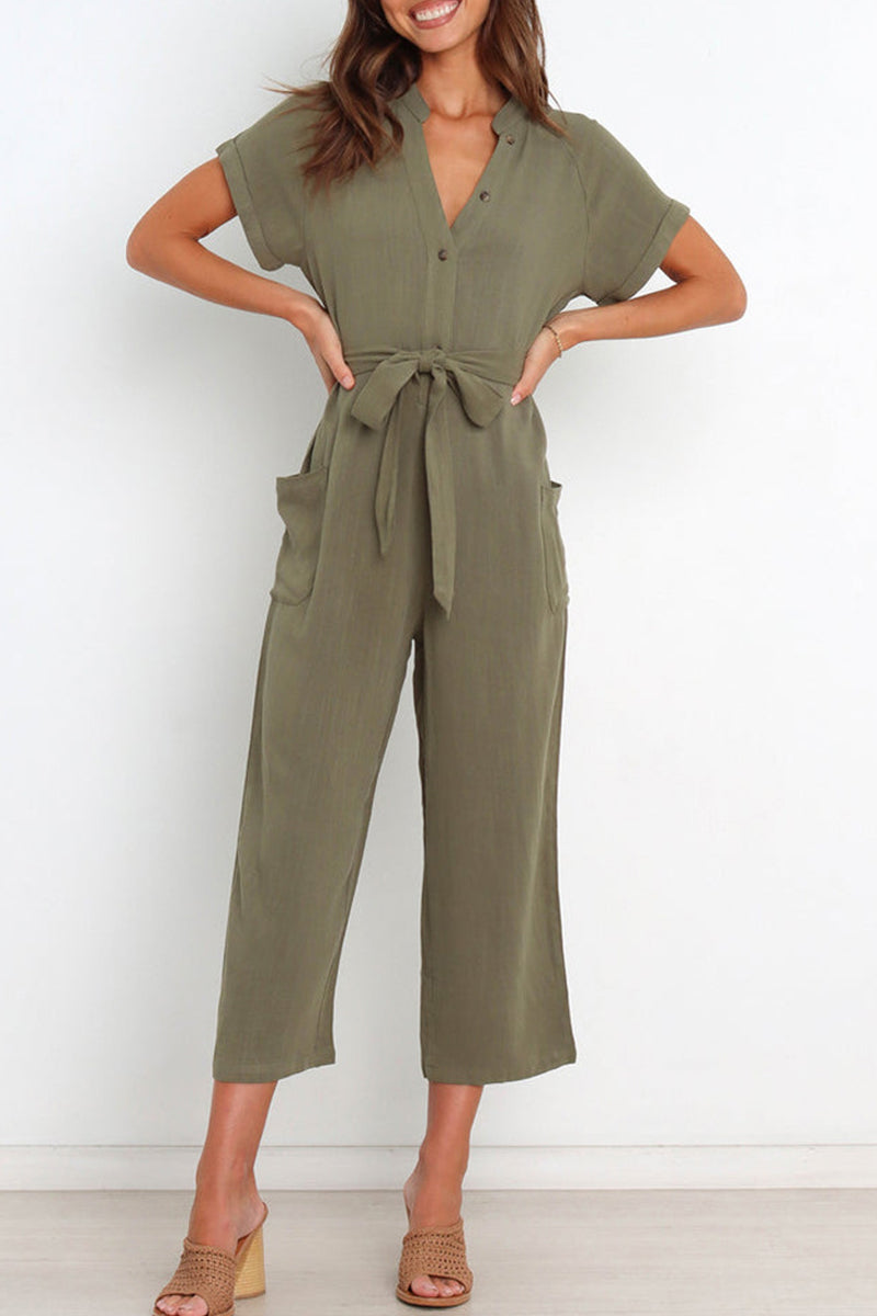 Simplicity Pocket Frenulum V Neck Regular Jumpsuits(3 Colors)