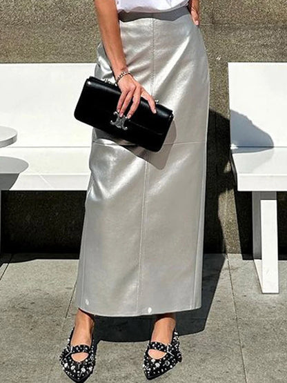 Patchwork High Waist Long Skirt Metallic Slim Pu Maxi Dress Female Autumn Maxi Skirt