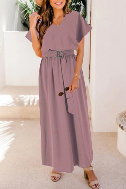 With Belt V Neck Waist Skirt Short Sleeve Dress(6 Colors)