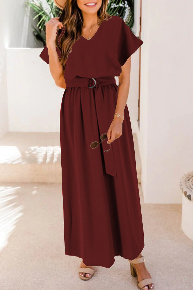 With Belt V Neck Waist Skirt Short Sleeve Dress(6 Colors)