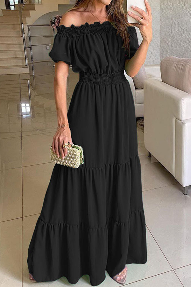 Color Off the Shoulder Waist Skirt Dresses