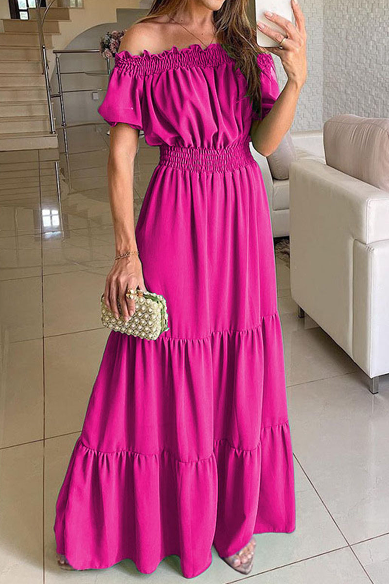 Color Off the Shoulder Waist Skirt Dresses