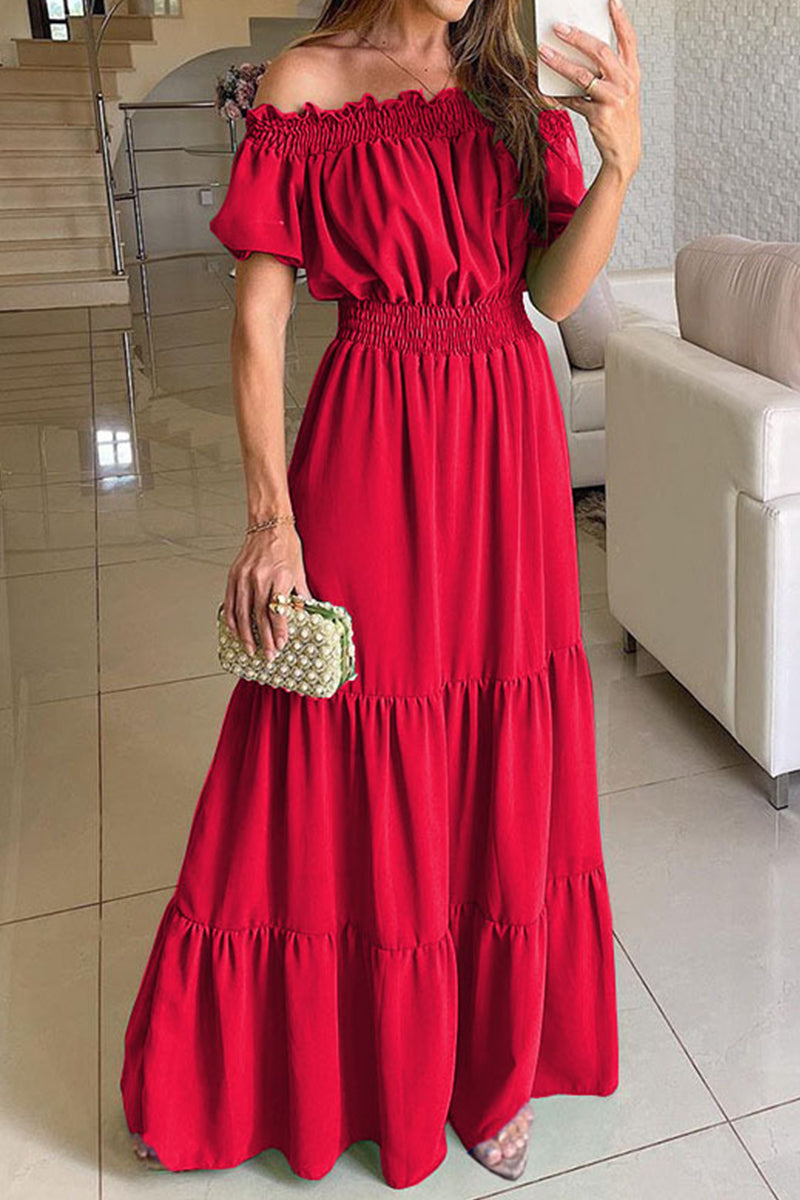 Color Off the Shoulder Waist Skirt Dresses