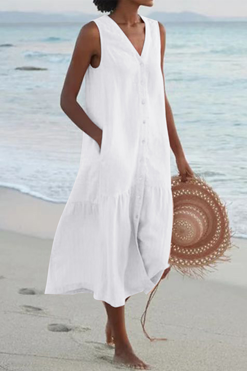 Buckle V Neck Cake Skirt Dresses