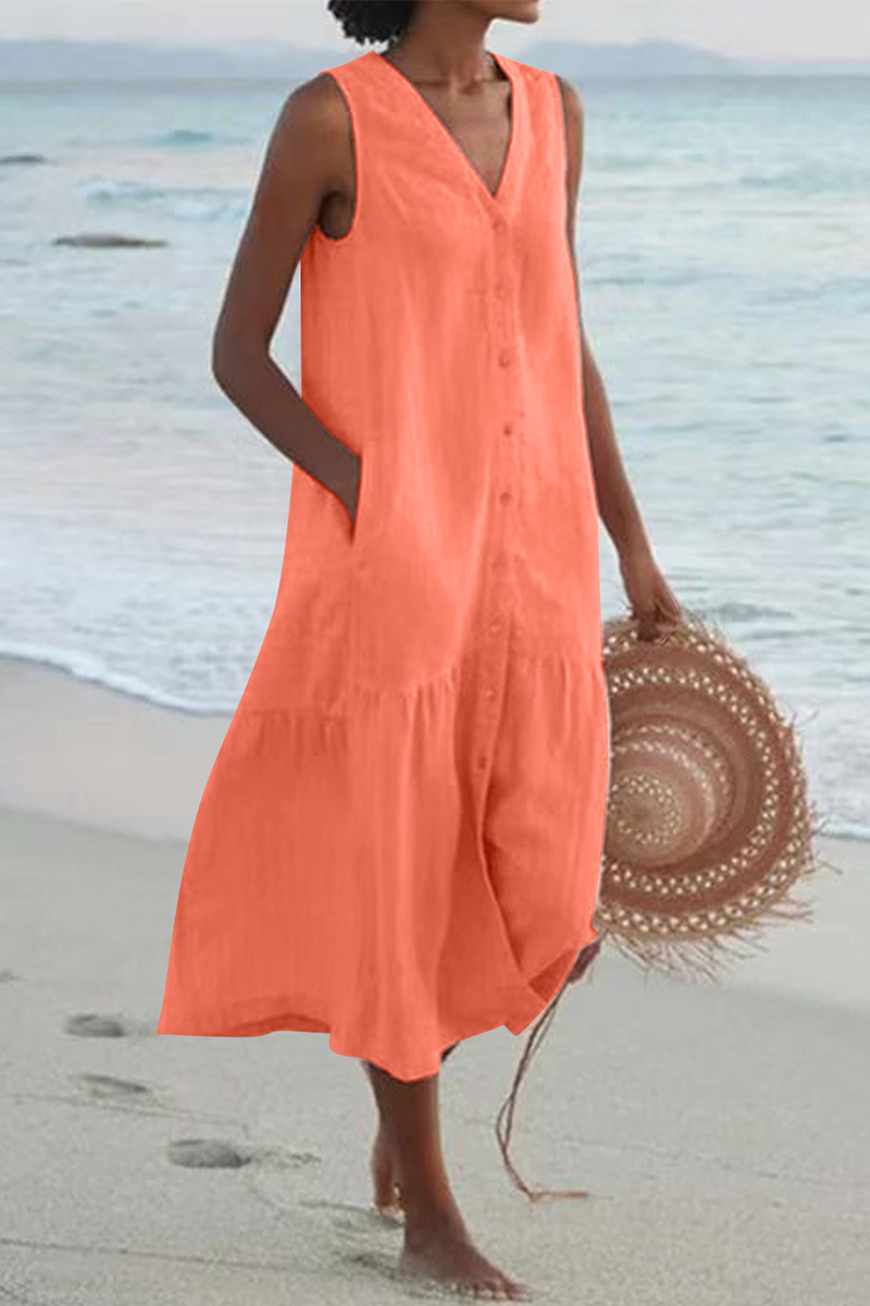 Buckle V Neck Cake Skirt Dresses