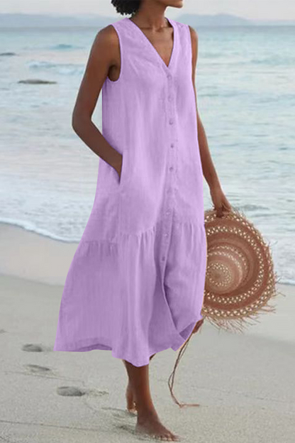Buckle V Neck Cake Skirt Dresses