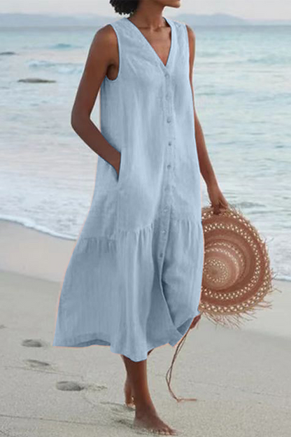 Buckle V Neck Cake Skirt Dresses