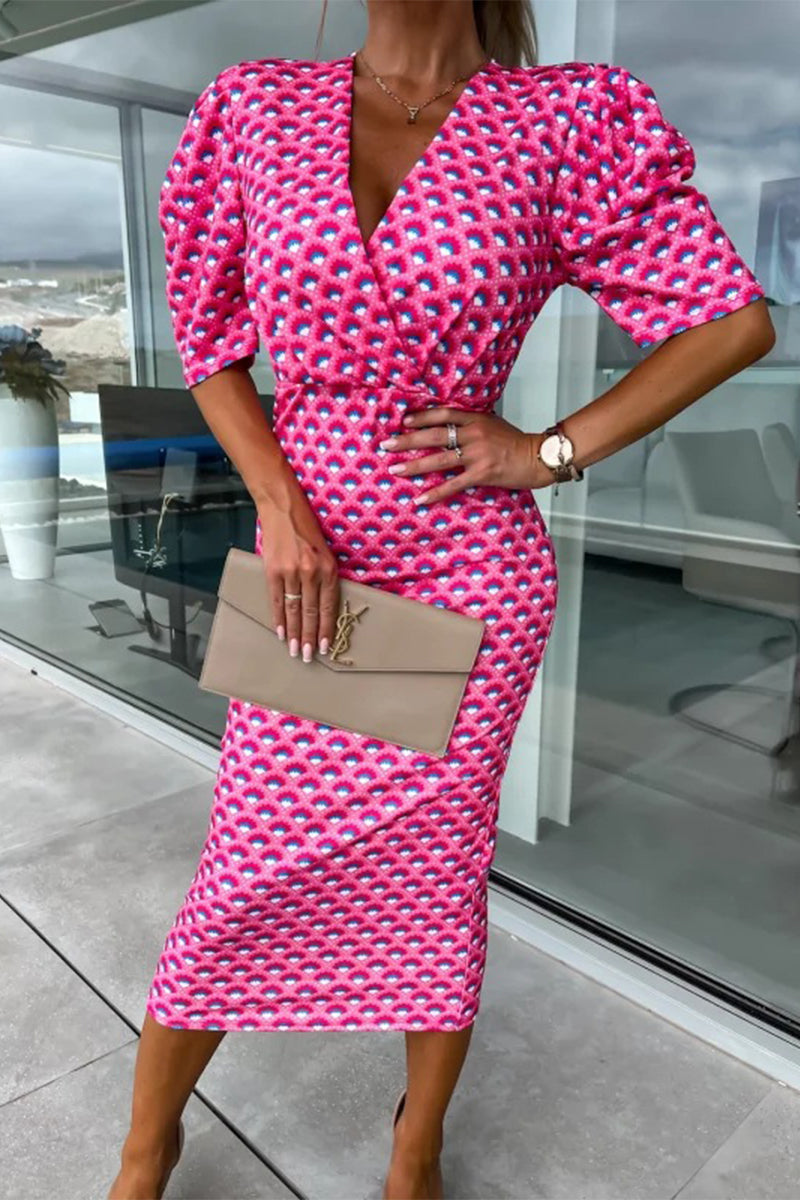 Work Print Patchwork V Neck One Step Skirt Dresses
